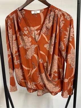 Floral Rust Surplice Long-Sleeve Blouse 🇺🇸